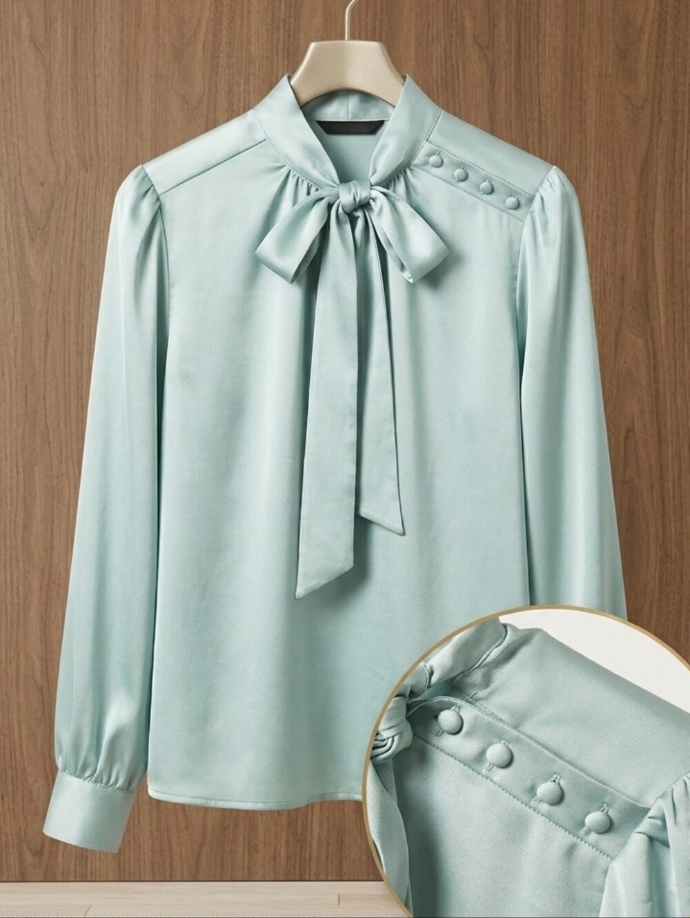 Ann Taylor Satin Finish Light Mint Tie-Neck Long Sleeve Blouse Sz XS ✨️